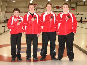 (Left to right) Skip Brett Moxham, third Devon Wiebe, fifth Keaton Bachalo and lead Phillip Petkau (missing: second Brady Moxham) won the U18 Central Regionals over the weekend and will represent the region in the U18 provincials next month in St. Anne. (Submitted photo)