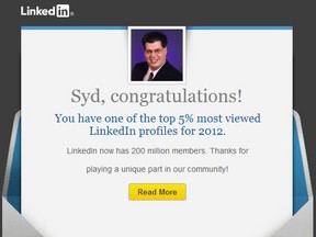 Submitted Photo

Columnist Syd Bolton got an e-mail letting him know that his is in the top 5% of LinkedIn profiles viewed last year. That puts him the select company of 10 million people.