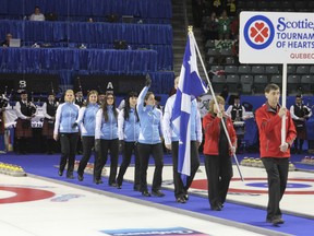Team Quebec is lead into the opening ceremonies of the Scotties Tournament of Hearts in Kingston Saturday. (Danielle VandenBrink/The Whig-Standard)