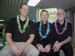 Talbot Trail Physiotherapy owner and physiotherapist Chris Streib, left, client Walter Gretzky and St. Thomas-Elgin General Hospital president Paul Collins at the clinic Friday for the grand reopening of its therapeutic pool. (Nick Lypaczewski, Times-Journal)