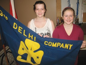 Jessica Shrubb, 15, a junior leader with the Delhi 3rd Guides Unit stands with Georgia Nix, 11, at the Norfolk Soccer Clubhouse in Delhi on Feb. 14. Girl Guides is looking for leaders to help run the programs in Delhi. (SARAH DOKTOR Delhi News-Record)