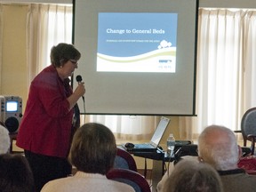 Barb Springall, Huron County homes administrator, explains to residents and family members at Huronview the changes that will happen at the long-term care facility.