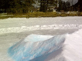 A mystery blue snow sculpture turned up on the Bow River, and wardens want to make sure that blue paint isn’t toxic. Sharon Woods/ Parks Canada