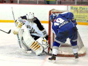 Noah Blackwell, of the Sudbury Wolves, unsuccessfully attempts to jam the puck past Timmins Eagles goalie Bradley Dobson during a Northern Ontario ‘AAA’ Bantam Hockey League game at the McIntyre Arena on Saturday. The Wolves skated to a 4-1 victory in the first of three games between the rivals. The Wolves took the other two games, as well, winning 4-2 and 5-2.