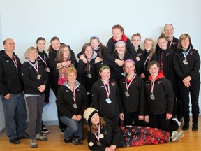 The Ayr Ice Cats won second place in the Tournament of Hearts in Ayr from Friday, Feb. 15 to 17, 2013. The team is Imogen Lister, front, Jayne Miller, second row left, Erica Sayles, Paige Mulder, Erin Evans, Sarah Mulder, third row left, Bethany Eitel, Maggie Muck, Lauren Miller, Margie Carter, Tracy Gerber, Bob Eitel, back left, Courtney Boehmer, Calista Davis, Courtney Martin, Lindsay Gerber, Megan Hutchings, Tamra Emberson and Scott Martin. SUBMITTED PHOTO