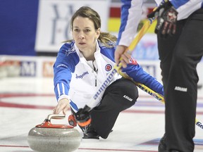British Columbia's third Jeanna Schraeder delivers a rock during Tuesday afternoon's draw against New Brunswick in the Scotties Tournament of Hearts at the K-Rock Centre. (Michael Lea The Whig-Standard)