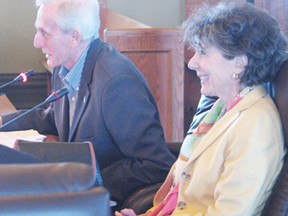 University steering committee members Gerry Benson, left, and Gail Kaneb, make a presentation to S,D and G council, on Tuesday.
Staff photo/GREG PEERENBOOM