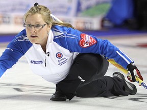 British Columbia skip Kelly Scott watches her rock during Tuesday afternoon’s draw against New Brunswick in the Scotties Tournament of Hearts at the K-Rock Centre. Scott won the game 13-7. (Michael Lea/The Whig-Standard)