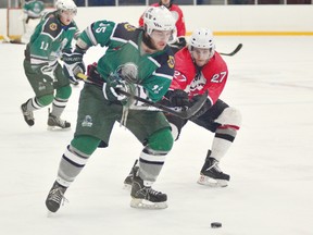 Welland Whalers forward Carson Minor, No. 15, in action against the Orillia Tundras in senior A hockey playoff action. JOE CSEH Tribune Photo