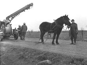 Old fashioned horsepower was used to help lay hydro and telephone lines.