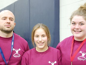 From left are CWC and Team Ontario coach Tyler Touchette with lifters Abby Jurchuk and silver medallist Kelly McGillis at the Canadian Junior Championships in Toronto.