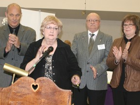 Executive-director Sue Williams speaks about the expansion of the Active Lifestyles Centre during an announcement made on Feb. 15. With her, are, from left: Chatham-Kent-Essex MP Dave Van Kesteren, Active Lifestyles board chair Pierre Deveau and Coun. Karen Herman.