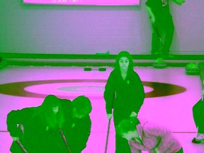 True Family spirit of curling. Jayden Obrigewitch’s rock is swept by teammates Stacy and Jordy Obrigewitch and opposition Shelley Obrigewitch helps sweep.  The two family teams of Jayden, Jordy, Stacy and Jake Obrigewitch took on Taylor MacDonald, mom Shelley Obrigewitch, cousin Dalen Berg and Grandma Judy Obrigewitch.