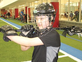 Daylon Ezard gets set to fire a shot, at the Cornwall Minor Lacrosse Association’s winter clinic at the Benson Centre.