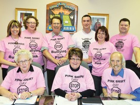 Millet town council and administration pose for a photo wearing their T-shirts in support of Pink Shirt Day at their Feb. 13 regular council meeting. Pink Shirt Day is Feb. 27, where people are encouraged to wear pink as a symbol for standing up against bullying. Jerold LeBlanc photo/ Wetaskiwin Times.