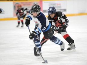 SARAH DOKTOR Simcoe Reformer
Port Dover's Jaxon Zurby advances down the ice followed closely by St. George's Zachary Sharp during their game on Feb. 20. The Pirates won 14-0.