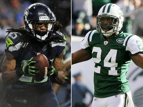 Richard Sherman (L), of the Seattle Seahawks, and Darrelle Revis, of the New York Jets, apparently like to do their smack talking off the field.
