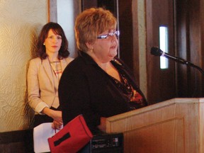 Erin Killoran and Connie Vardy, both of the Cornwall Community Hospital Foundation, speak to the Chamber of Commerce's breakfast connections event on Wednesday.
Staff photo/CHERYL BRINK