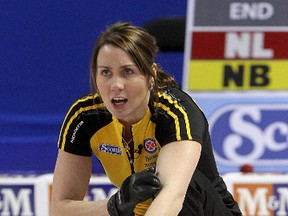 New Brunswick skip Andrea Crawford shouts instructions to her sweepers during a game against Newfoundland and Labrador in the Scotties Tournament of Hearts at the K-Rock Centre on Wednesday. (Ian MacAlpine/The Whig-Standard)