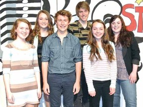 The final six contestants in the finale to Stratford Star this Friday night at City Hall are, from left, Ariana Sprott, Emma Hanlon, Myles Avigdor, Andrew Hancock, Fraser Tamas and Stephanie Wivell. (CONTRIBUTED PHOTO)