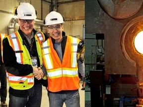 Gerald Panneton, President and CEO and Pierre Beaudoin, Senior Vice-President of Detour Gold congratulate each other after the first four bars of gold were poured at the Detour Lake mine.