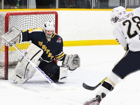 Trenton Golden Hawks' Shawn Hulshof breaks in alone on Whitby Fury goaltender Tyler Feaver just seconds before scoring his team-leading 24th goal of the season and giving the Hawks a 3-2 victory Wednesday at the Community Gardens.