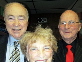MONTE SONNENBERG Simcoe Reformer
Joe Kelly, right, of Port Dover, enjoyed a family reunion of sorts at the Royal Canadian Legion Feb. 9 on the occasion of his 90th birthday. At left is Kelly’s brother Leonard “Red” Kelly while in front is the Kellys’ sister Laureen Montague of Jarvis.
