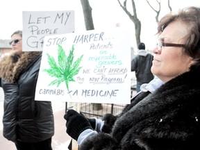 Edith Neuts, left, and Joanne, right, protest the proposed changes to the Marijuana Medical Access Regulations which will see individual growers lose their license and a price increase of 300% for those with prescriptions. Thursday marked a nation-wide protest of the changes which the government want in place by the beginning of March, said Joanne. (DIANA MARTIN, The Daily News)