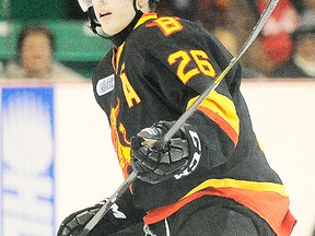 Belleville Bulls defenceman Stephen Silas, the all-time franchise Ironman for most games played, was injured in Wednesday's 8-5 win over Ottawa and his status for the weekend is in doubt. (OHL Images.)