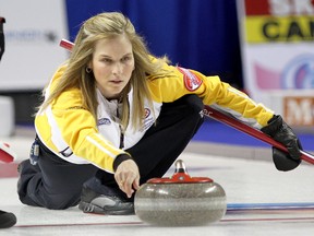 Manitoba skip Jennifer Jones delivers a rock during a game against Ontario at the Scotties Tournament of Hearts at the K-Rock Centre on Thursday morning. Jones won 9-7 to improve to 8-0, while Ontario dropped to 7-1. (Ian MacAlpine/The Whig-Standard)