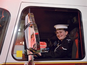 Lights flash atop the truck as Able Seaman Chelsea Stewart eagerly takes the wheel. The Timmins Fire Department hosted Royal Canadian Sea Cadet Corps Tiger for a special tour on Wednesday as part of their citizenship training.