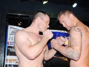 Raphael Bergmann (left) and Jon Ganshorn pose at the weigh-in for Friday’s Fivestar Fight League 4: Resurgence. Bergmann and Ganshorn will square off in the main event, at the Jackpot Grill. The weigh-in took place at Maddhatters. (TERRY FARRELL/DAILY HERALD-TRIBUNE)
