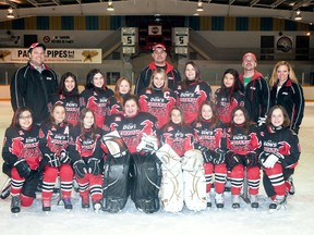 Posing for a team picture are front, from left, Christina Hunter, Jasmine Groleau, Danika Lapierre, Marissa Chiera, Madison Brunet, Janey Verbeek, Mya Hamelin and Hannah Deyell. Back, from left trainer Brody Emery, Jessica Howson, Brooklyne Moore, Cassie Ferron, Brook-Lynn Fleury, Coach Shawn Fleury, Chloe Emery, Naomi Martin, asst. coach Roger Ferron and manager Renee Fleury. Missing is asst. coach Shaun Hamelin.