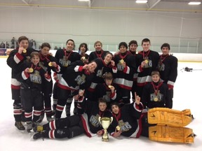 The Sarnia Sabres Minor Midget House League All Seasons Trophies squad won gold last weekend at a tournament in London. Pictured (left to right) are front row: Jared Bourque and Noah Mamak. Second row: Marc Boyd, Dawson Metcalfe, Austin Cooper, Chris Mulholland and Ethan Pavli. Third row: Jake Armitage, Aaron Buckeridge, Jakob Washington, Nick Maness, John Taylor, Dariel Gomez, Hayden Eckel, Lewis Clegg and Tyler Bennison. (Submitted picture)
