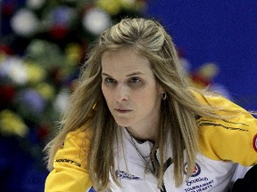 Jennifer Jones delivers a rock Friday during Manitoba's game against New Brunswick at the Scotties Tournament of Hearts in Kingston.
Ian MacAlpine/The Whig-Standard