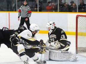 Trenton Golden Hawks' Nolan Martin chips a shot past Cobourg Cougars' goalie Nathan Perry during the Hawks' 7-3 win Friday at the Community Gardens.