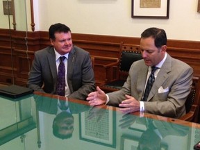Strathcona MLA Dave Quest (left) discusses increased market access with Texas House of Representative member Rafael Anchia (D) following last weekend's Ports to Plains Conference in Austin, Texas.  Alberta Government Supplied Photo