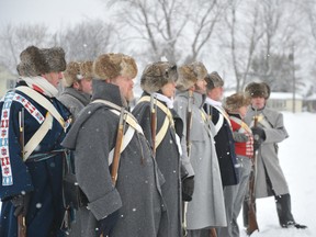 The Royal Newfoundland Regiment practices drills before participating in the Battle of Ogdensburg on Saturday at Fort Wellington. Re-enactors from Ontario, Quebec and the United States participated in the weekend-long event, which marked the 200 anniversary of the War of 1812 battle (ALANAH DUFFY/The Recorder and Times).