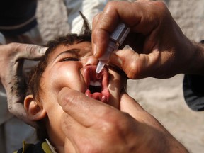A child receives polio vaccination drops during an anti-polio campaign on the outskirts of Jalalabad February 11, 2013. REUTERS/ Parwiz