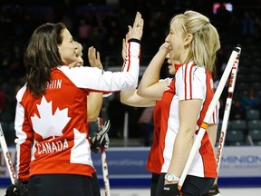 Team Canada skip Heather Nedohin celebrates with teammates after they defeated British Columbia during their page playoff 3-4 game at the Scotties Tournament of Hearts in Kingston Saturday afternoon.
Mark Blinch/Reuters