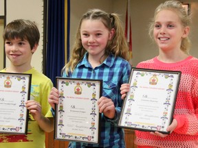 Winners of the Royal Canadian Legion, Sarnia branch, Speaking Contest, held Sunday. Junior division: Adam Vanderslagt, 3rd place; Brianna Fraser, 2nd place; Lauren Murray, 1st place. (TARA JEFFREY, The Observer)