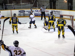 J.R. DAOUST • For Northern News
The Kirkland Lake Gold Miners downed Elliot Lake 6-3 Friday night at the complex.The team is seen  celebrating a goal by Daniel Morin.