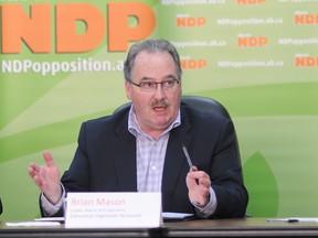 Alberta NDP leader Brian Mason speaks to a crowd gathered in the Centre 2000, located in Grande Prairie, Alberta, about the Progressive Conservative budget, which is expected to be about $3.5 billion to $4 billion in the red. AARON HINKS/DAILY HERALD-TRIBUNE