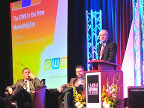 Canadian Wheat Board president Ian White speaks to the crowd gathered at the Growing the North Conference held at the TEC Centre outside of Grande Prairie, Thursday. AARON HINKS/DAILY HERALD-TRIBUNE