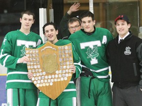 West Ferris Trojans beat Algonquin 2-1 at Memorial Gardens, Sunday, to win the 2013 NDA championship after taking the first game in the series 4-3 in overtime the night before. Captains Nick Scott, Pat O'Grady, Will Hodgson and Tanner White were all smiles after the game.
