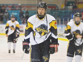 EDDIE CHAU Simcoe Reformer
Simcoe Storm forward Josh Alward looks dejected after his team lost 4-3 in overtime to the New Hamburg Firebirds Sunday night at Talbot Gardens.