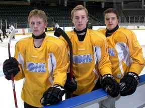 The all-rookie line of Spencer Watson, left, Sam Bennett, centre, and Henri Ikonen combined for eight points in the Kingston Frontenacs' 6-3 win over the Erie Otters on Sunday. (Whig-Standard file photo)