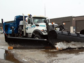 A snowplough and salt truck, is seen here at the Tillsonburg Operation Services building on Spruce street. Depending on weather, the Town of Tillsonburg may come in on or under budget this year. 

KRISTINE JEAN/TILLSONBURG NEWS/QMI AGENCY