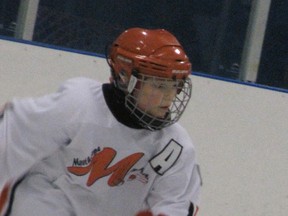 Mayerthorpe’s Kayde Bono heads for the puck in a game against the Edson Canadians on Sunday, Feb. 24, during the weekend Mayerthorpe Minor Hockey Atoms Tournament held at the Mayerthorpe Exhibition Centre. Mayerthorpe’s Atoms played in the A final against Spruce Grove. Mayerthorpe ended up second place with an 8-2 loss.