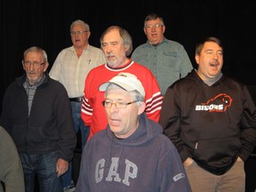 MONTE SONNENBERG Simcoe Reformer
Among those rehearsing for the Jarvis Lions upcoming variety show include Tom Montague in front; Don Mitchell, Bill Kelly, and Ian Cooper in second row from left; and Ken Smith and Mike Feeney in back from left.